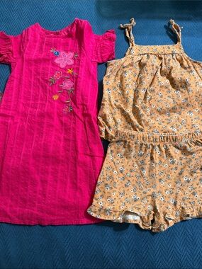Kids Pink Embroidered Dress & Yellow Floral Romper Set